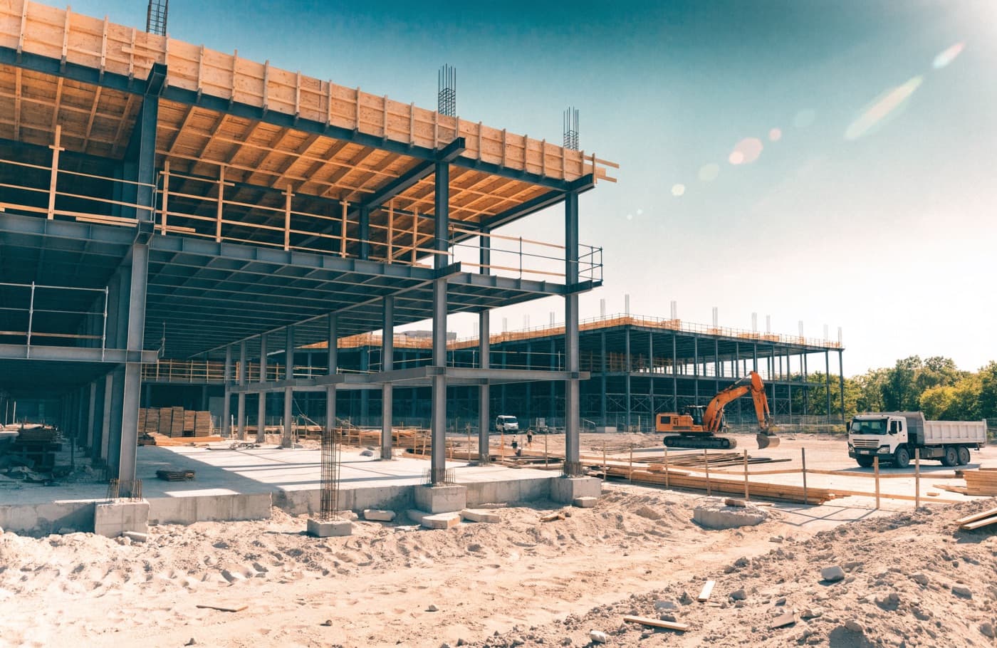 Steel and concrete structural frame of a commercial building under construction